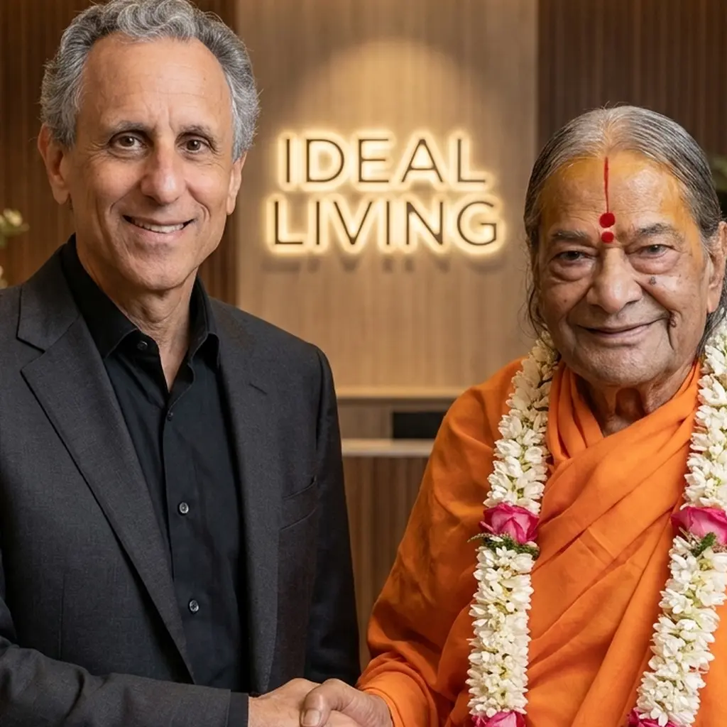 Fictional composite campaign artwork showing two figures shaking hands beneath an Ideal Living sign